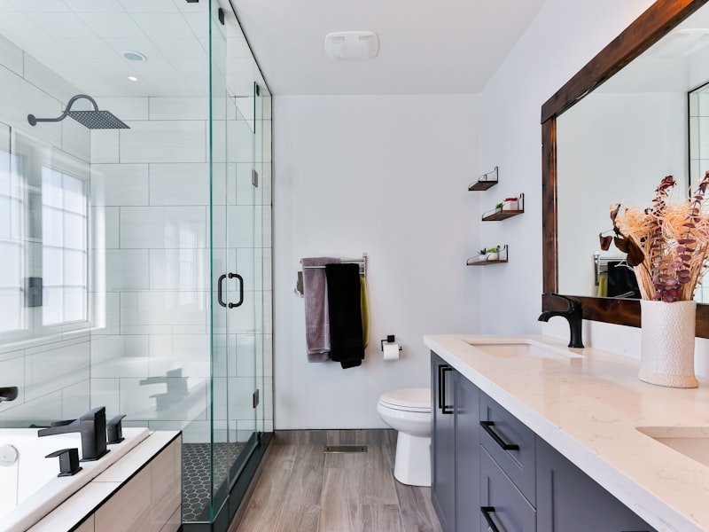 Custom bathroom vanity with white quartz countertop